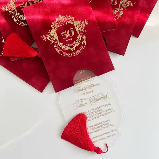 100 pcs Elegant transparent Acrylic Wedding Cards with monogram velvet envelope set