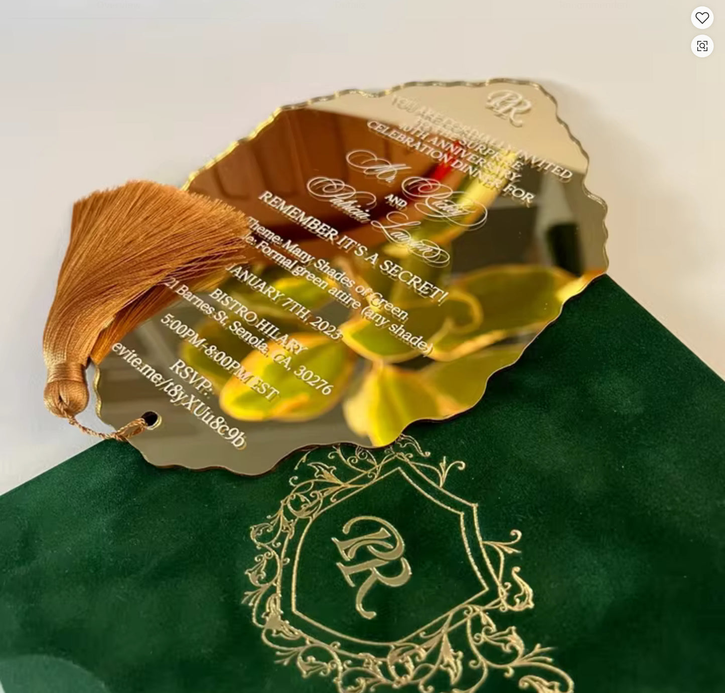 100 pcs Gold mirror wedding invitation green monogram velvet envelope
