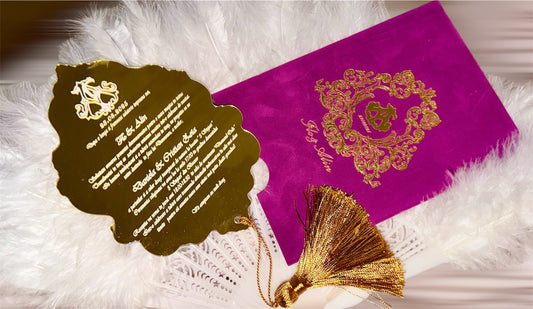 100 pcs Royal Purple gold monogram velvet envelopes with acrilic gold mirror invitations