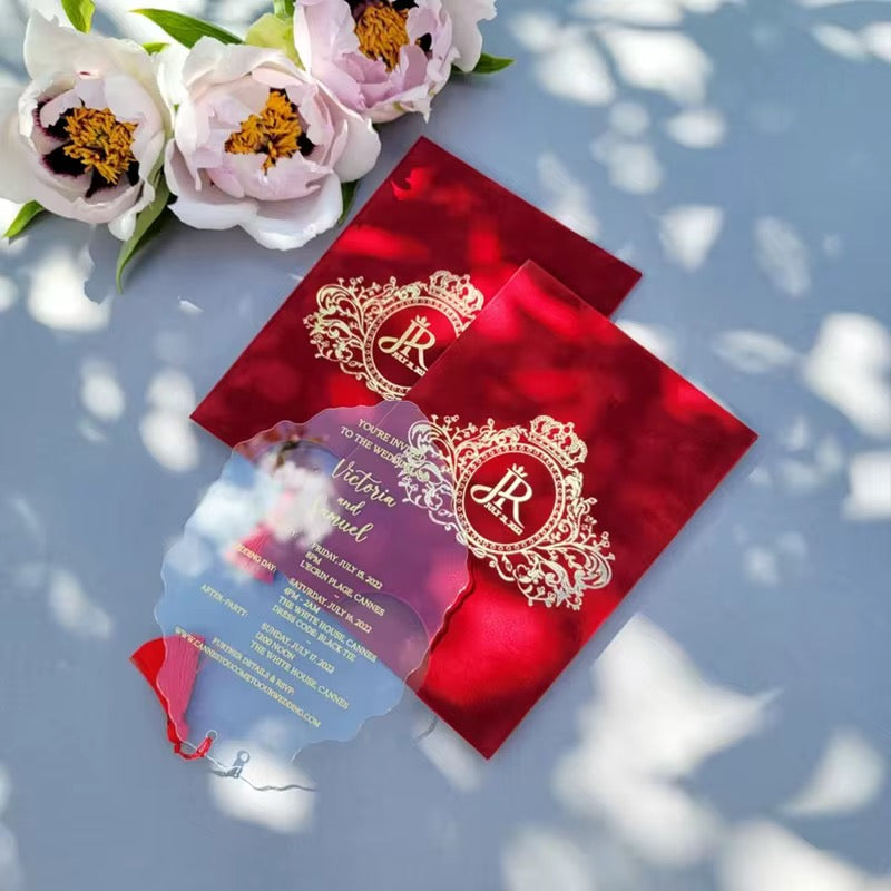 100 pcs Elegant transparent Acrylic Wedding Cards with monogram velvet envelope set