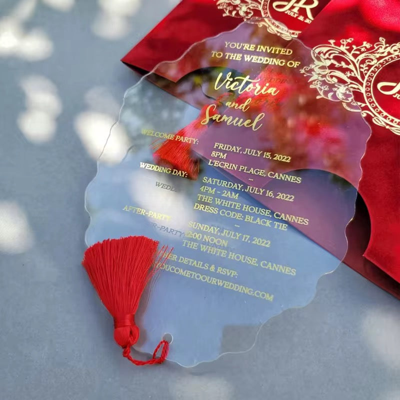 100 pcs Elegant transparent Acrylic Wedding Cards with monogram velvet envelope set