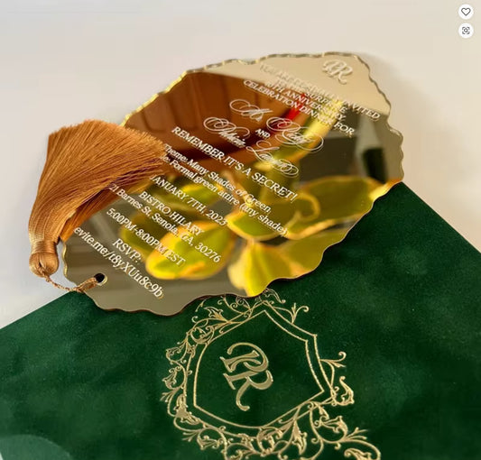 100 pcs Gold mirror wedding invitation green monogram velvet envelope