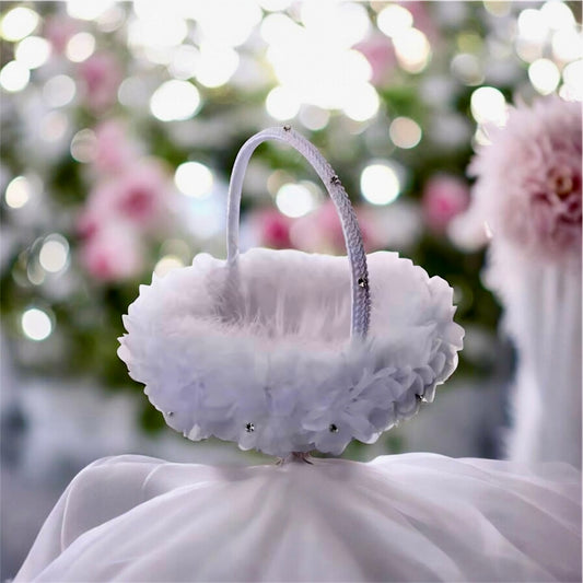 White Feathers Flower Girls Basket for Wedding