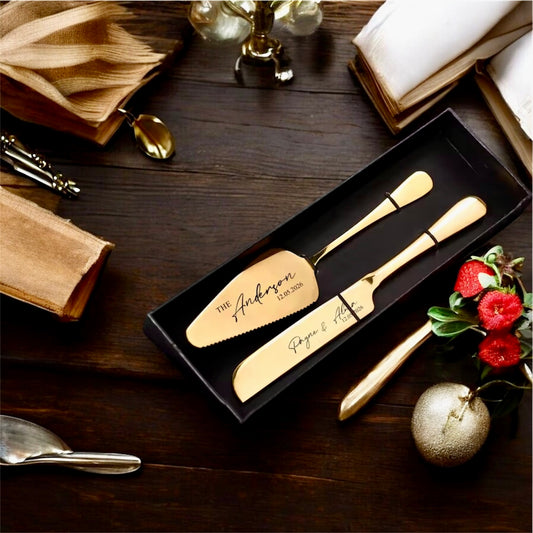Personalised stainless steel cake cutting set