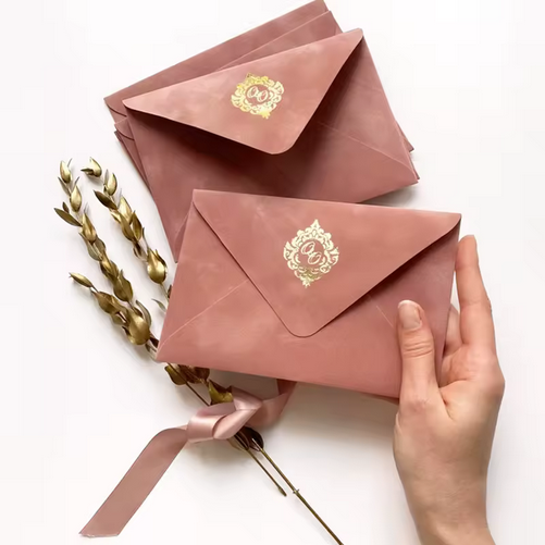 100 pcs Custom Printing Burgundy Invitations Gold Foil Velvet Envelope for Wedding Card